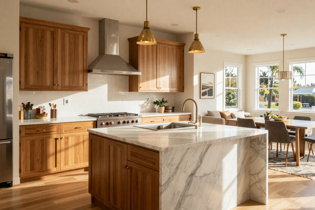 Modern transitional kitchen renovation in Irvine showing warm oak cabinets, marble island, and open concept design with natural California light