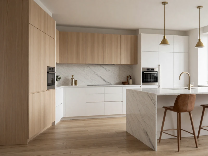 After: Sophisticated warm minimalist kitchen in Portola Springs Irvine with white oak slab cabinets, honed marble, and concealed appliances
