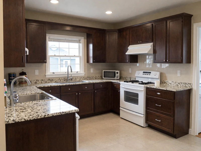 Before: 2010s kitchen in Portola Springs Irvine with dark espresso cabinets and busy granite countertops