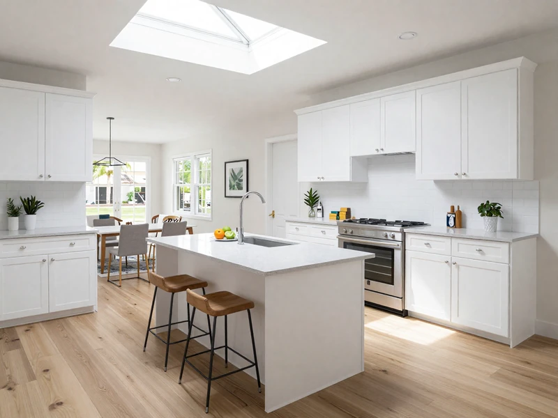 After: Bright California contemporary kitchen in Northwood Irvine with white cabinets, vaulted ceiling with skylights, and open concept layout