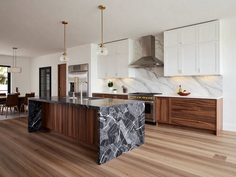 After: Luxurious contemporary kitchen in Turtle Rock Irvine with two-tone cabinets, dark marble island, and full-height backsplash
