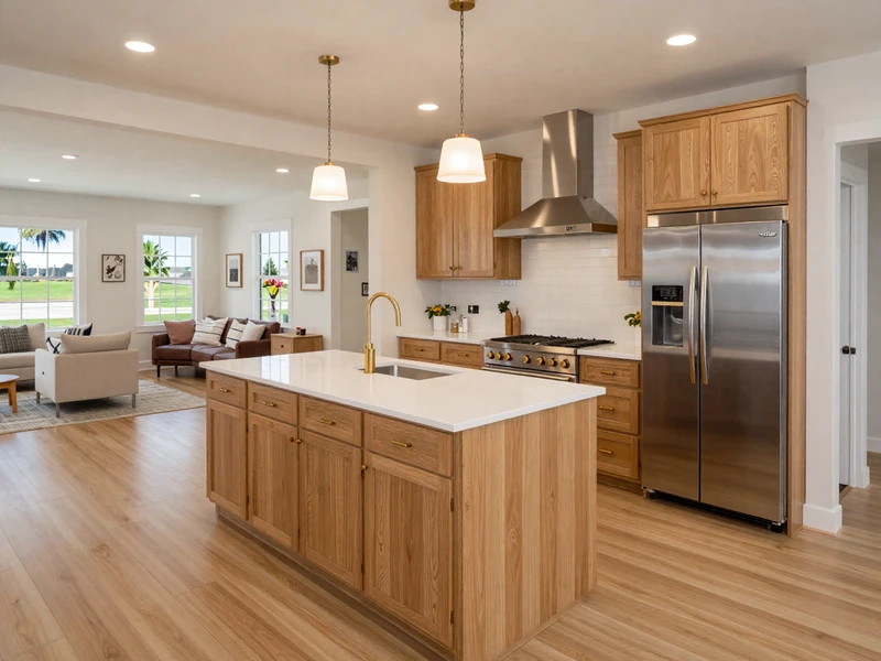 After: Modern transitional kitchen in Woodbridge Irvine with light oak cabinets, white quartz island, and open concept layout