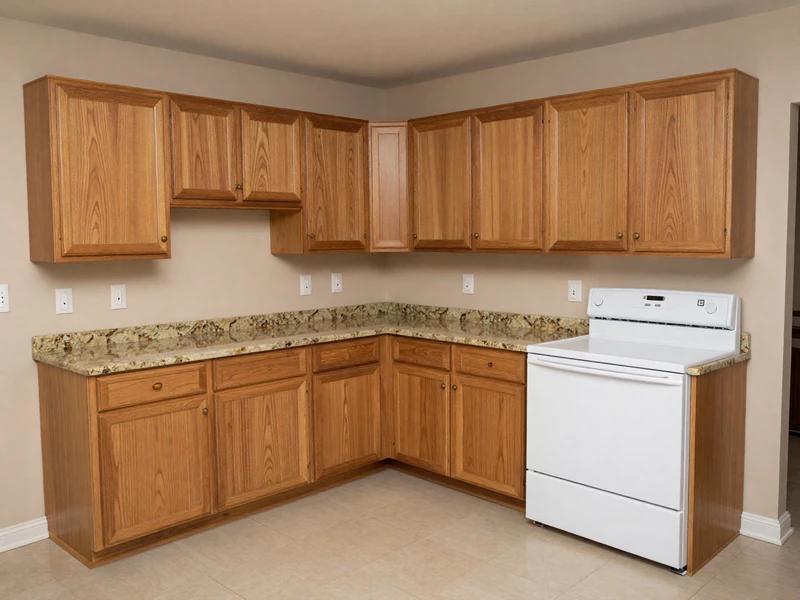 Before: Basic builder-grade kitchen in Quail Hill Irvine with maple cabinets and no island