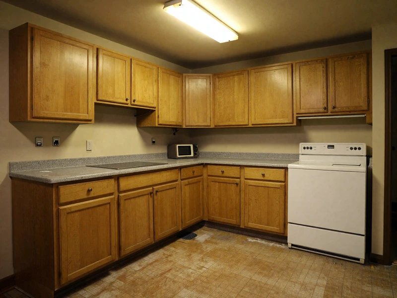Before: Outdated 1980s kitchen in Woodbridge Irvine with golden oak cabinets and laminate countertops