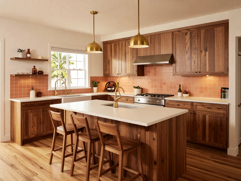 After: Warm modern kitchen in Quail Hill Irvine with walnut cabinets, terracotta zellige backsplash, and large island